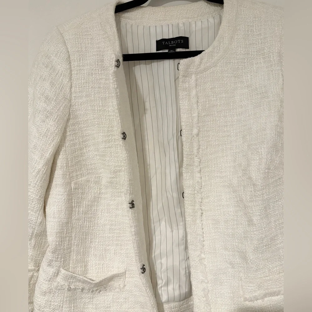 Talbots Women’s White Tweed Ruffle Sleeve Blazer Jacket Workwear Office 16P - Picture 4 of 9